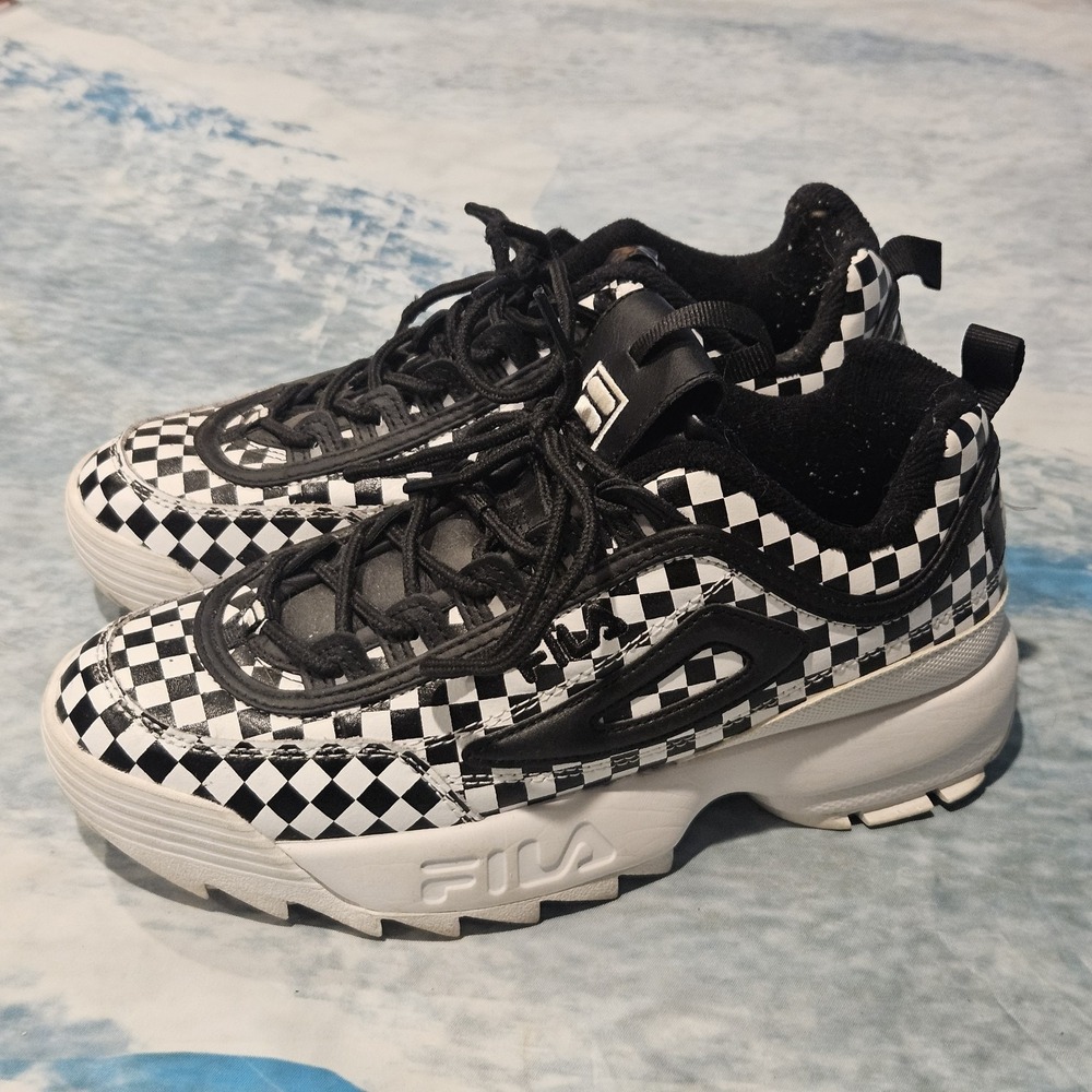 Fila Disruptor II Checkered Platform Sneakers Women's 8.5 Leather Damaged Tongue